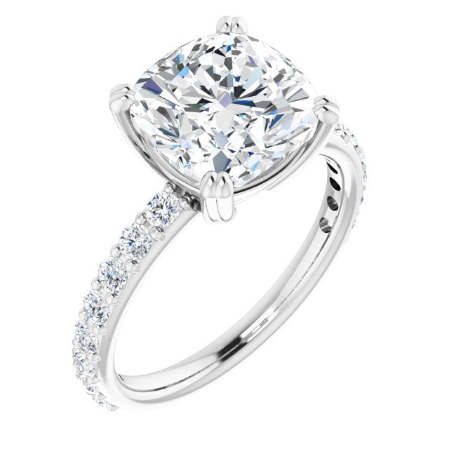 10K White Gold Customizable Cushion Cut Design with Large Round Cut 3/4 Band Accents