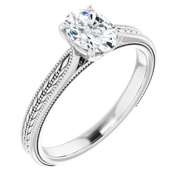 10K White Gold Customizable Oval Cut Solitaire with Wheat-inspired Band 
