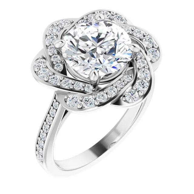 14K White Gold Customizable Cathedral-raised Round Cut Design with Floral/Knot Halo and Thin Accented Band