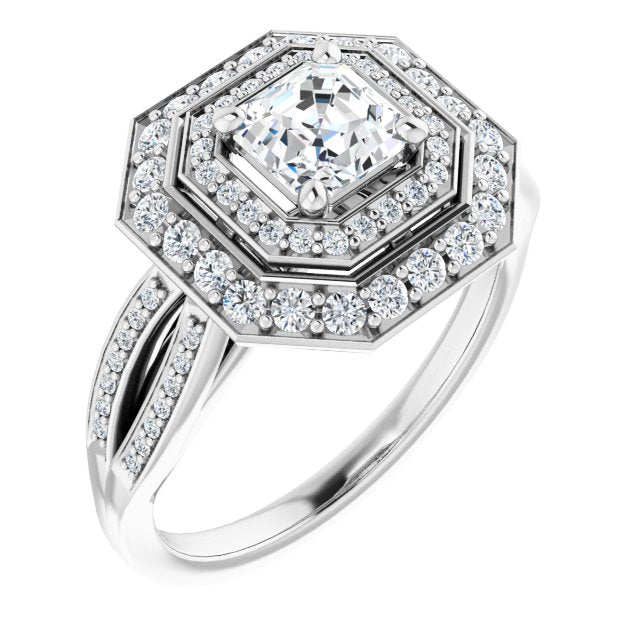 10K White Gold Customizable Cathedral-style Asscher Cut Design with Double Halo & Split-Pavé Band