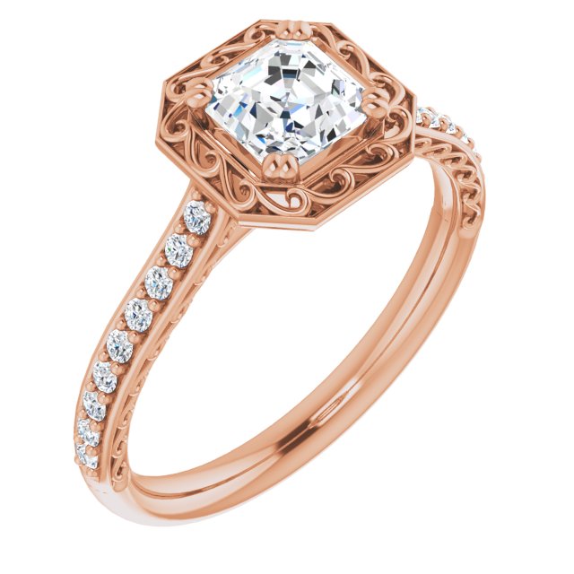 10K Rose Gold Customizable Asscher Cut Halo Design with Filigree and Accented Band