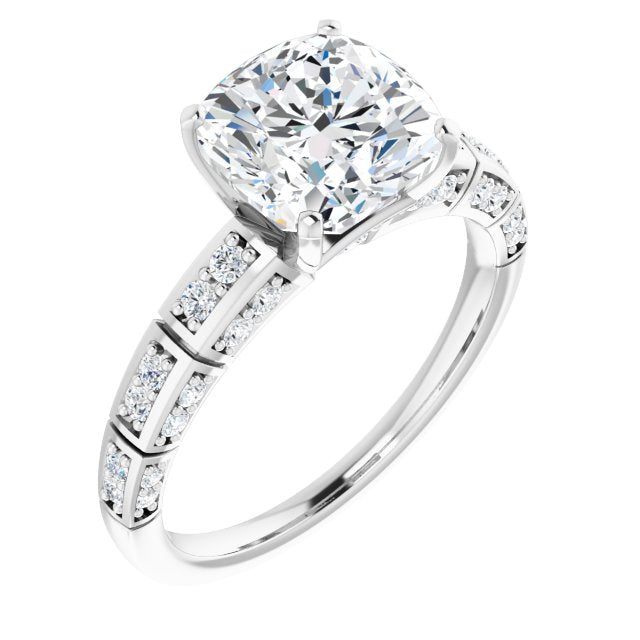 10K White Gold Customizable Cushion Cut Style with Three-sided, Segmented Shared Prong Band