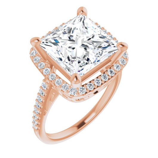 10K Rose Gold Customizable Cathedral-Crown Princess/Square Cut Design with Halo and Accented Band