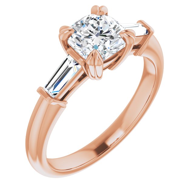 10K Rose Gold Customizable 3-stone Cushion Cut Design with Tapered Baguettes
