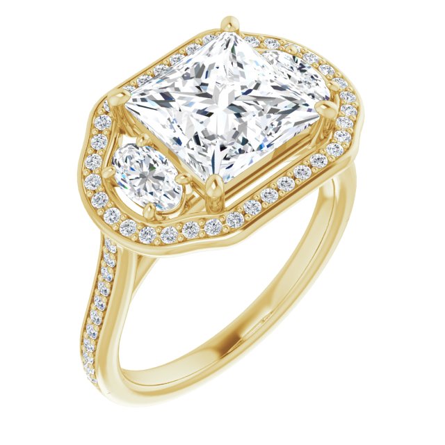 10K Yellow Gold Customizable Princess/Square Cut Style with Oval Cut Accents, 3-stone Halo & Thin Shared Prong Band