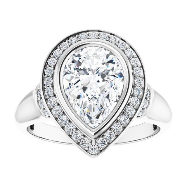 Cubic Zirconia Engagement Ring- The Vilde (Customizable Bezel-set Pear Cut Design with Halo and Vertical Round Channel Accents)