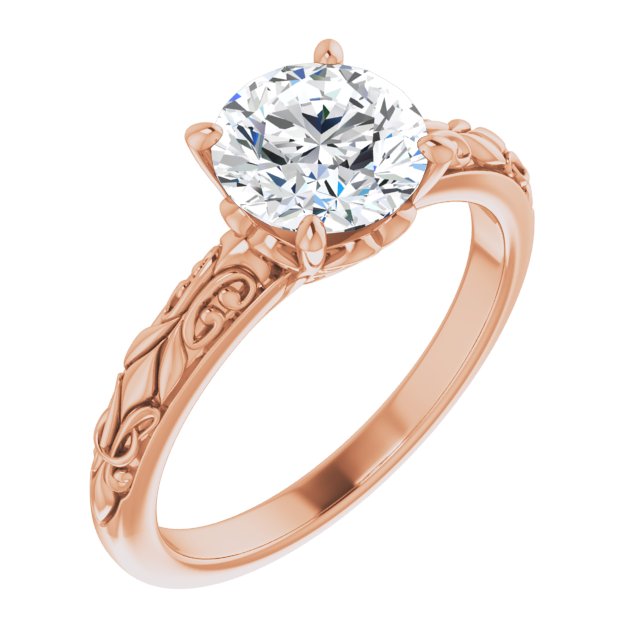 10K Rose Gold Customizable Round Cut Solitaire featuring Delicate Metal Scrollwork