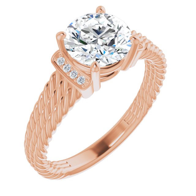 10K Rose Gold Customizable 11-stone Design featuring Round Cut Center, Vertical Round-Channel Accents & Wide Triple-Rope Band