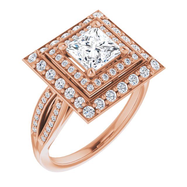10K Rose Gold Customizable Cathedral-style Princess/Square Cut Design with Double Halo & Split-Pavé Band