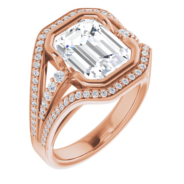 10K Rose Gold Customizable Cathedral-Bezel Emerald/Radiant Cut Design with Wide Triple-Split-Pavé Band