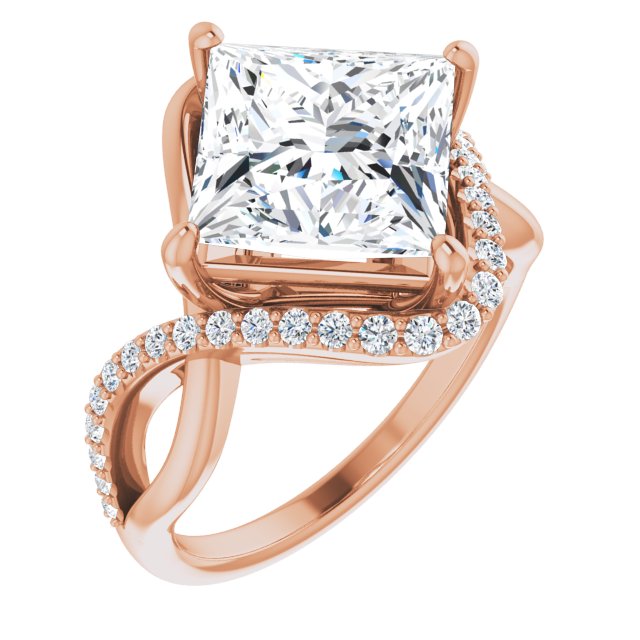 10K Rose Gold Customizable Princess/Square Cut Design with Semi-Accented Twisting Infinity Bypass Split Band and Half-Halo