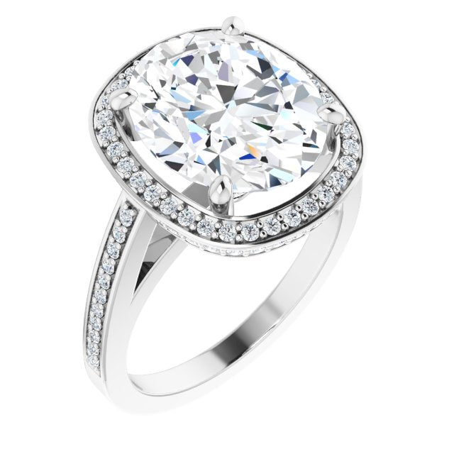 10K White Gold Customizable Cathedral-set Oval Cut Design with Halo, Thin Pavé Band & Round-Bezel Peekaboos