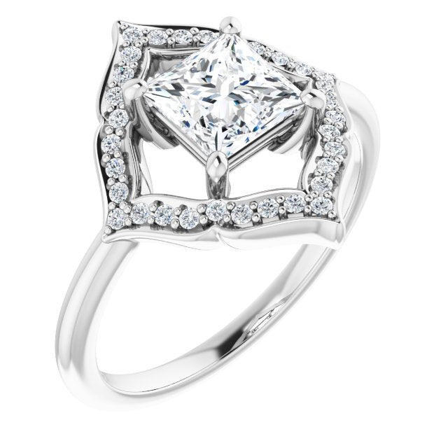 10K White Gold Customizable Princess/Square Cut Style with Artistic Equilateral Halo and Ultra-thin Band