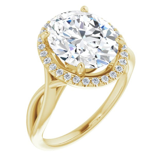 10K Yellow Gold Customizable Cathedral-Halo Oval Cut Design with Twisting Split Band