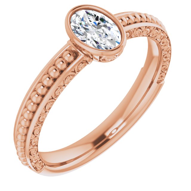 10K Rose Gold Customizable Bezel-set Oval Cut Solitaire with Beaded and Carved Three-sided Band