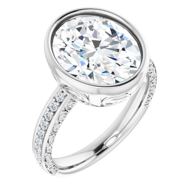 10K White Gold Customizable Bezel-set Oval Cut Design with Cloud-pattern Band & Semi-Eternity Accents