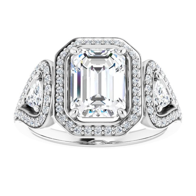 Cubic Zirconia Engagement Ring- The Cordelia (Customizable Cathedral-set Emerald Cut Design with 2 Trillion Cut Accents, Halo and Split-Shared Prong Band)