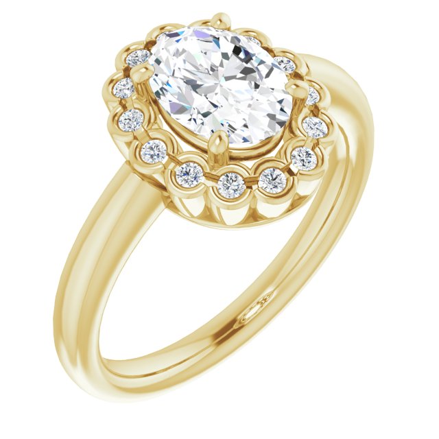 Cubic Zirconia Engagement Ring- The Aabha (Customizable 13-stone Oval Cut Design with Floral-Halo Round Bezel Accents)