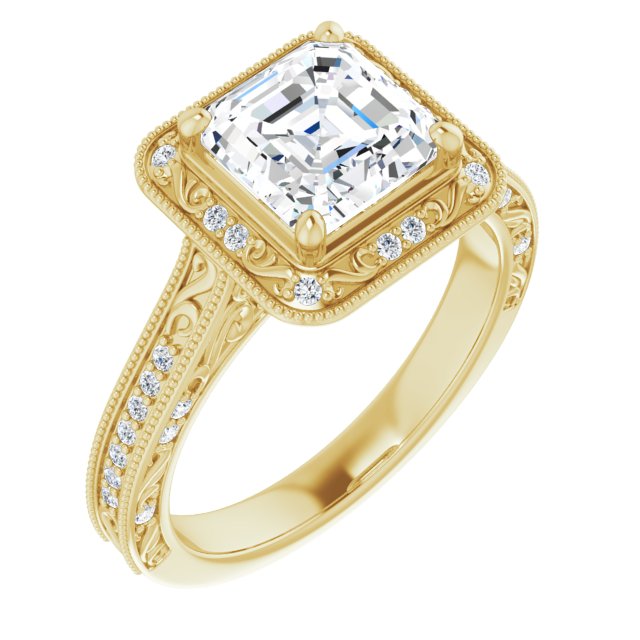 Cubic Zirconia Engagement Ring- The Eowyn (Customizable Vintage Artisan Asscher Cut Design with 3-Sided Filigree and Side Inlay Accent Enhancements)