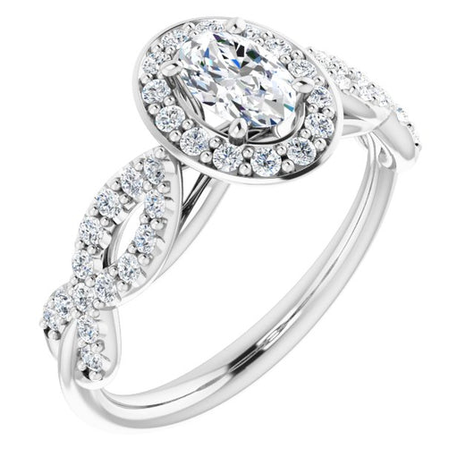 10K White Gold Customizable Cathedral-Halo Oval Cut Design with Artisan Infinity-inspired Twisting Pavé Band
