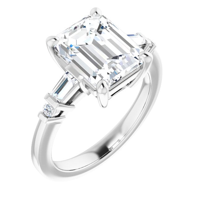 10K White Gold Customizable 5-stone Baguette+Round-Accented Emerald/Radiant Cut Design)