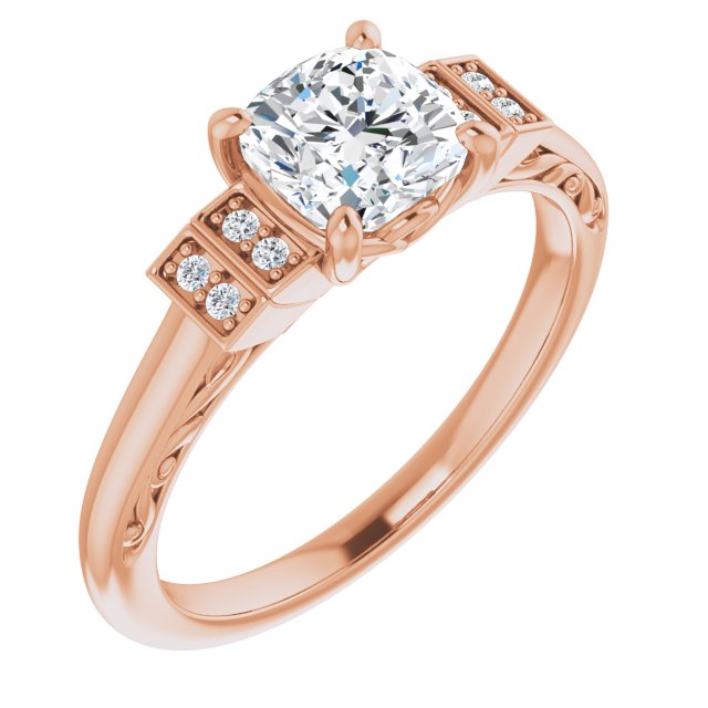 10K Rose Gold Customizable Engraved Design with Cushion Cut Center and Perpendicular Band Accents