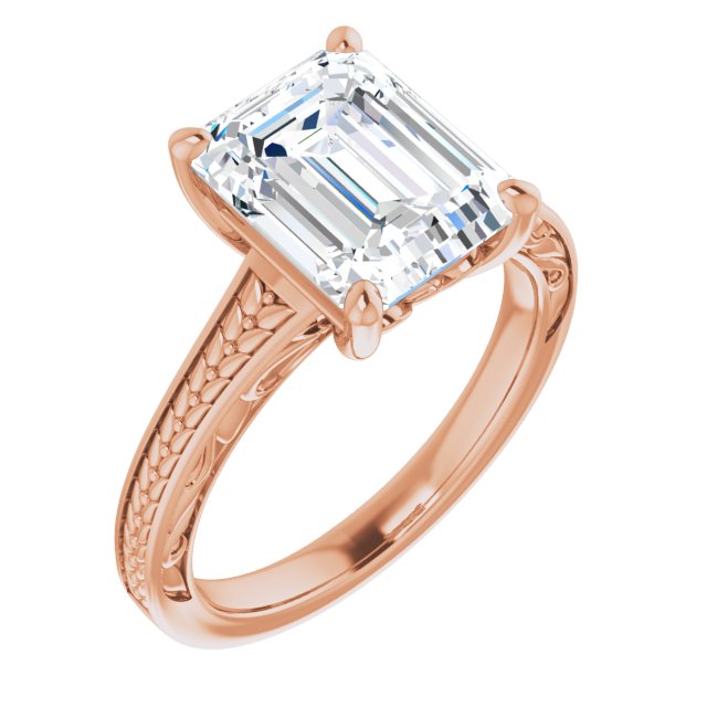 10K Rose Gold Customizable Emerald/Radiant Cut Solitaire with Organic Textured Band and Decorative Prong Basket