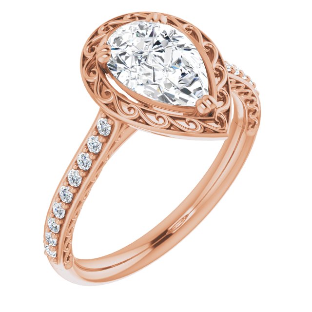 10K Rose Gold Customizable Pear Cut Halo Design with Filigree and Accented Band