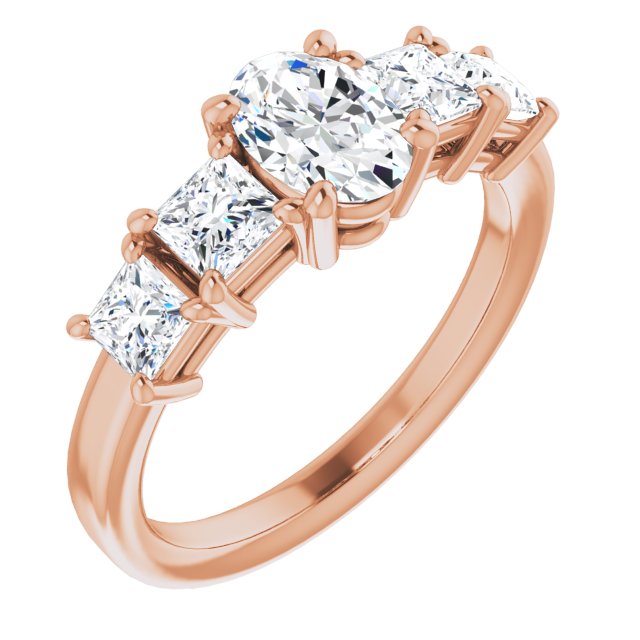 10K Rose Gold Customizable 5-stone Oval Cut Style with Quad Princess-Cut Accents