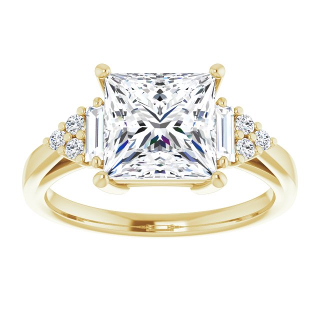 Cubic Zirconia Engagement Ring- The Barb (Customizable 9-stone Design with Princess/Square Cut Center, Side Baguettes and Tri-Cluster Round Accents)