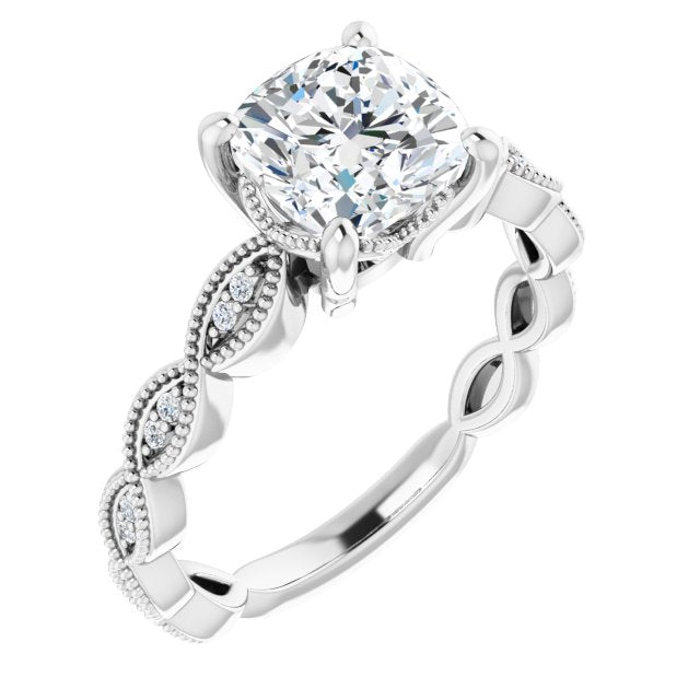 Cubic Zirconia Engagement Ring- The Shanice (Customizable Cushion Cut Artisan Design with Scalloped, Round-Accented Band and Milgrain Detail)