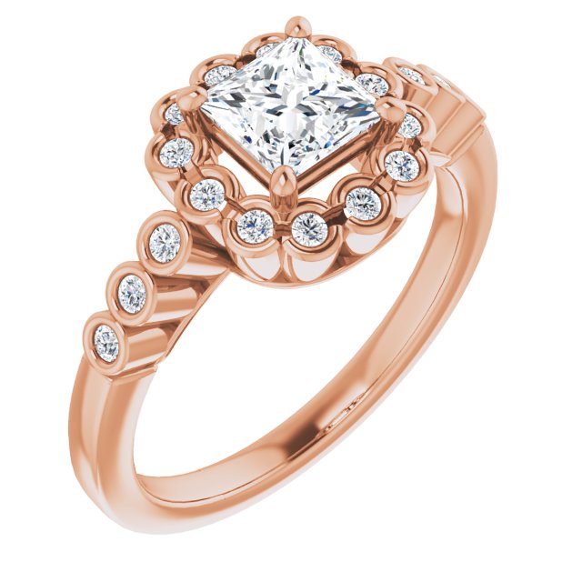 10K Rose Gold Customizable Princess/Square Cut Design with Round-bezel Halo and Band Accents