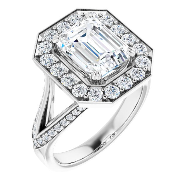 10K White Gold Customizable Emerald/Radiant Cut Center with Large-Accented Halo and Split Shared Prong Band