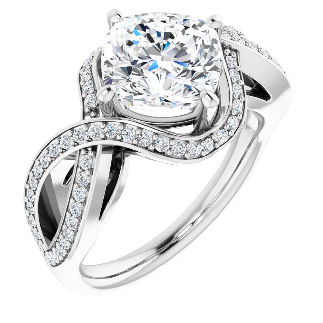 10K White Gold Customizable Cushion Cut Design with Twisting, Infinity-Shared Prong Split Band and Bypass Semi-Halo