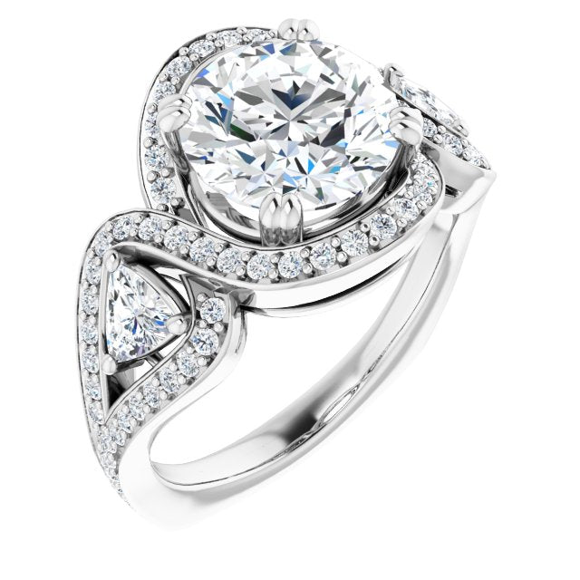 18K White Gold Customizable Round Cut Center with Twin Trillion Accents, Twisting Shared Prong Split Band, and Halo