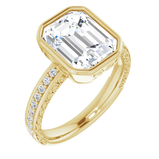 10K Yellow Gold Customizable Bezel-set Emerald/Radiant Cut Design with Cloud-pattern Band & Semi-Eternity Accents