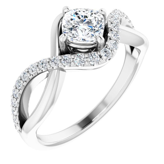 10K White Gold Customizable Cushion Cut Design with Semi-Accented Twisting Infinity Bypass Split Band and Half-Halo