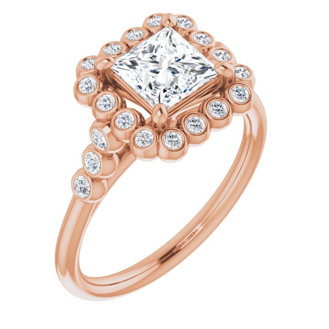 10K Rose Gold Customizable Princess/Square Cut Cathedral-Style Clustered Halo Design with Round Bezel Accents