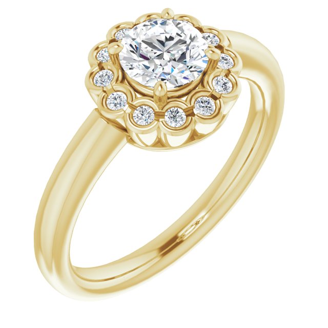 10K Yellow Gold Customizable 13-stone Round Cut Design with Floral-Halo Round Bezel Accents