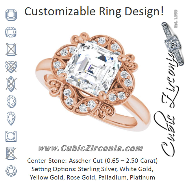 Cubic Zirconia Engagement Ring- The Hé Zhang (Customizable Asscher Cut Design with Floral Segmented Halo & Sculptural Basket)