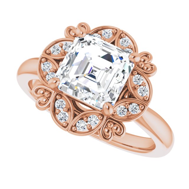 Cubic Zirconia Engagement Ring- The Hé Zhang (Customizable Asscher Cut Design with Floral Segmented Halo & Sculptural Basket)