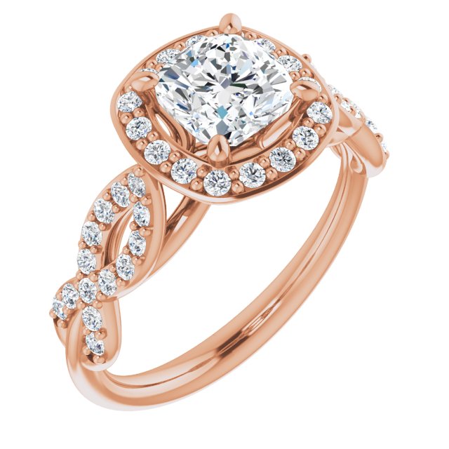 10K Rose Gold Customizable Cathedral-Halo Cushion Cut Design with Artisan Infinity-inspired Twisting Pavé Band