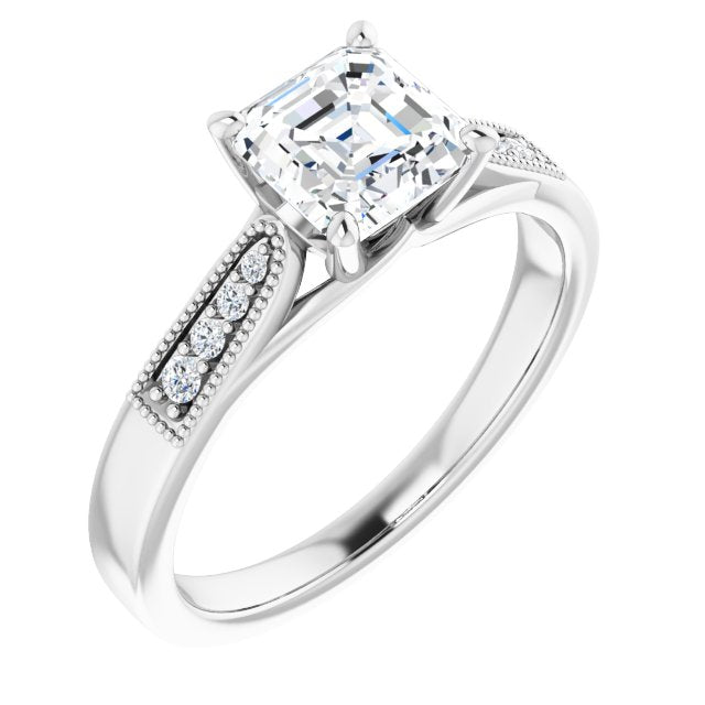 10K White Gold Customizable 9-stone Vintage Design with Asscher Cut Center and Round Band Accents