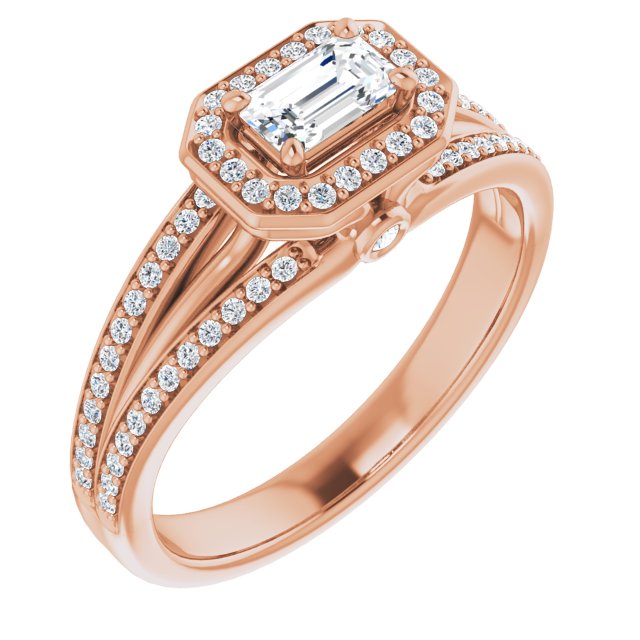 10K Rose Gold Customizable High-set Emerald/Radiant Cut Design with Halo, Wide Tri-Split Shared Prong Band and Round Bezel Peekaboo Accents