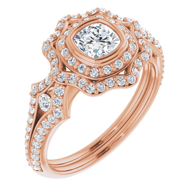 10K Rose Gold Customizable Cushion Cut Style with Ultra-wide Pavé Split-Band and Nature-Inspired Double Halo