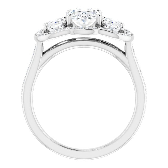 Cubic Zirconia Engagement Ring- The Dulce (Customizable Oval Cut Style with Oval Cut Accents, 3-stone Halo & Thin Shared Prong Band)