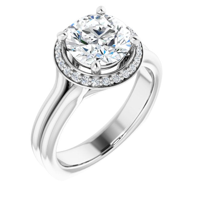 14K White Gold Customizable Round Cut Style with Halo, Wide Split Band and Euro Shank