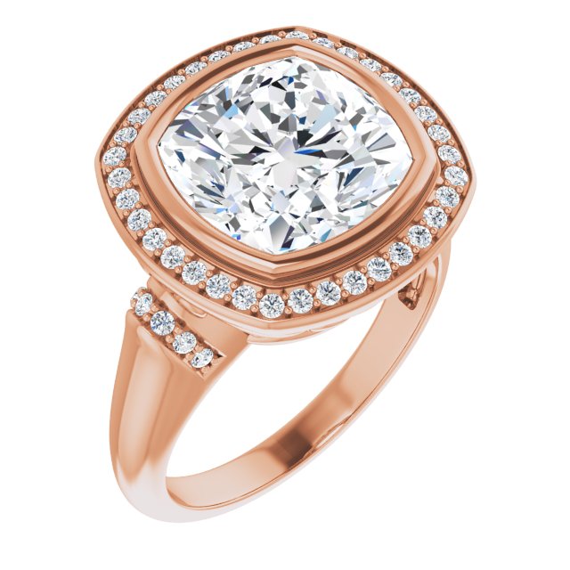 10K Rose Gold Customizable Bezel-set Cushion Cut Design with Halo and Vertical Round Channel Accents