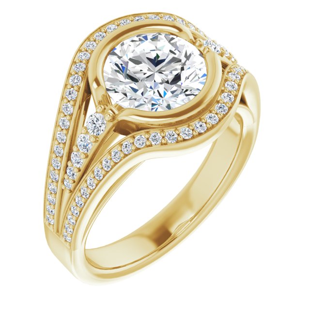 Cubic Zirconia Engagement Ring- The Paola (Customizable Cathedral-Bezel Round Cut Design with Wide Triple-Split-Pavé Band)