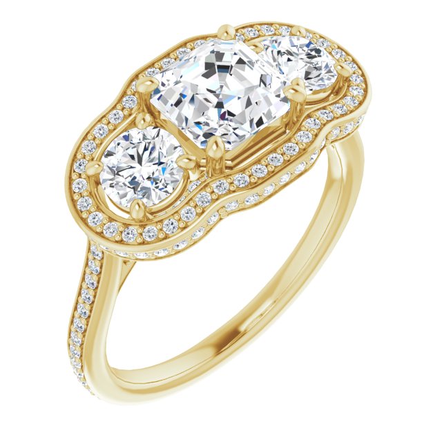 10K Yellow Gold Customizable 3-stone Asscher Cut Design with Multi-Halo Enhancement and 150+-stone Pavé Band